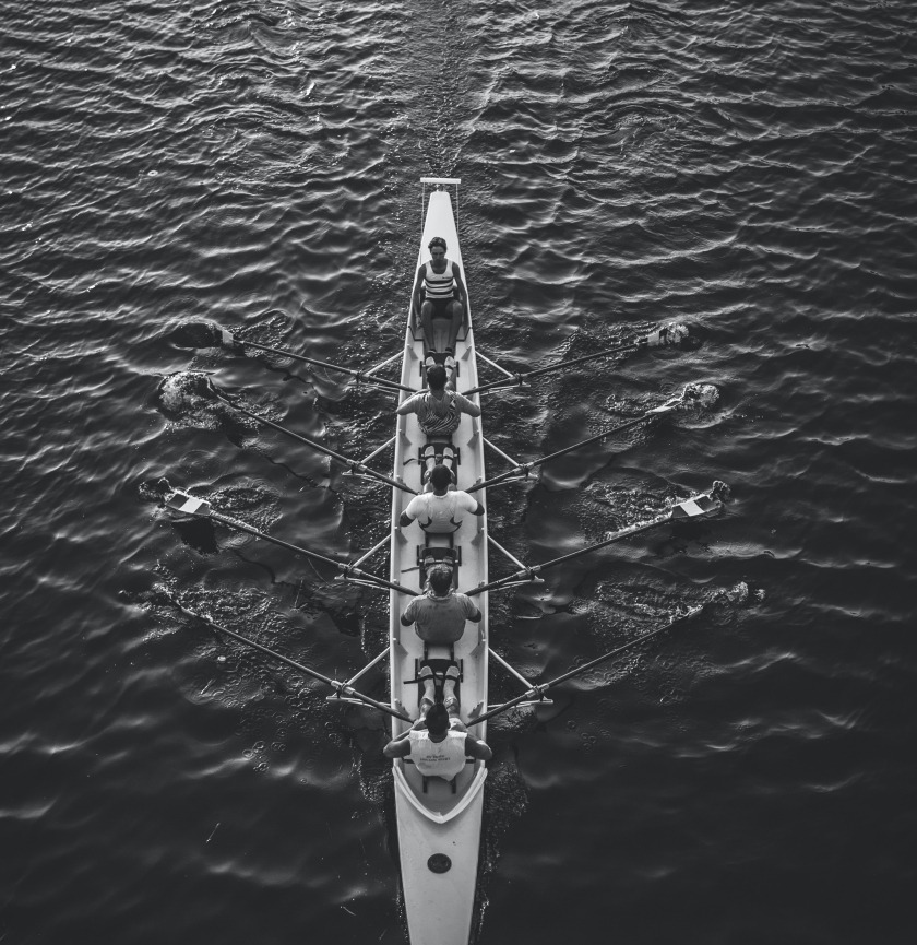 Black and white rowers surrounded by water from a birds eye view